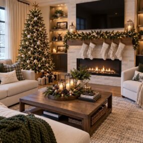 A cozy living room decorated for Christmas with a lit tree, stone fireplace draped in garland and stockings, cream sofas, and a candle centerpiece.