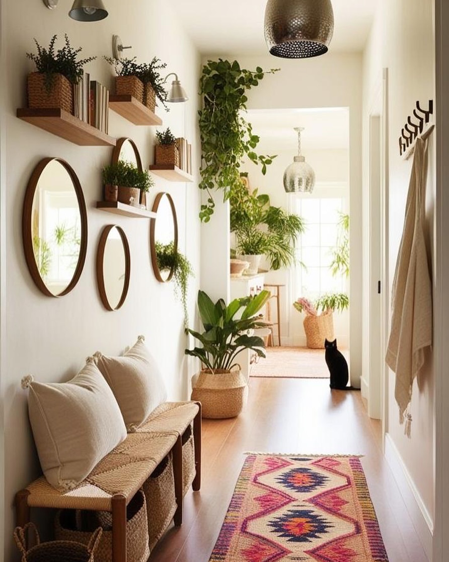 08-plant-heavy-hallway-pink-runner-boho-entryway