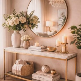 A gold-framed marble-top console table styled with white florals, pillar candles, and stacked books under a large round gold mirror on a blush wall.