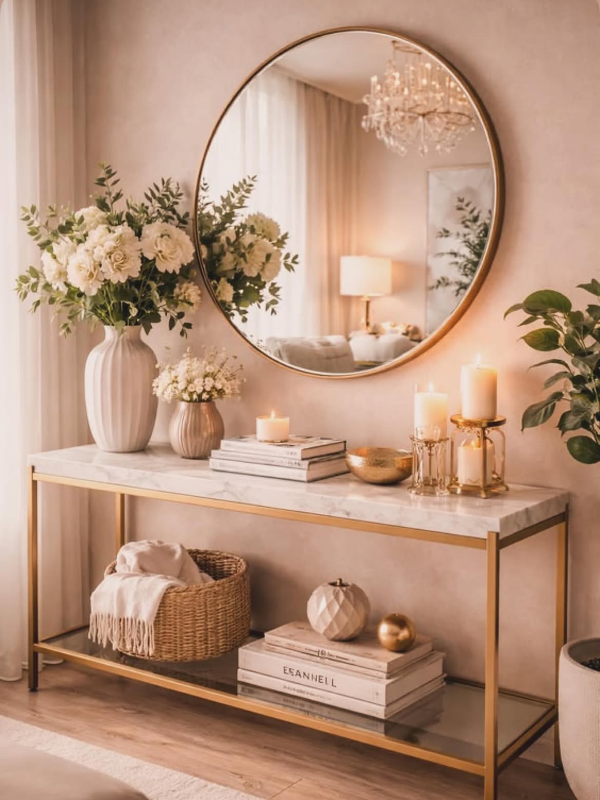 08-round-gold-mirror-blush-entry-white-florals-marble-console