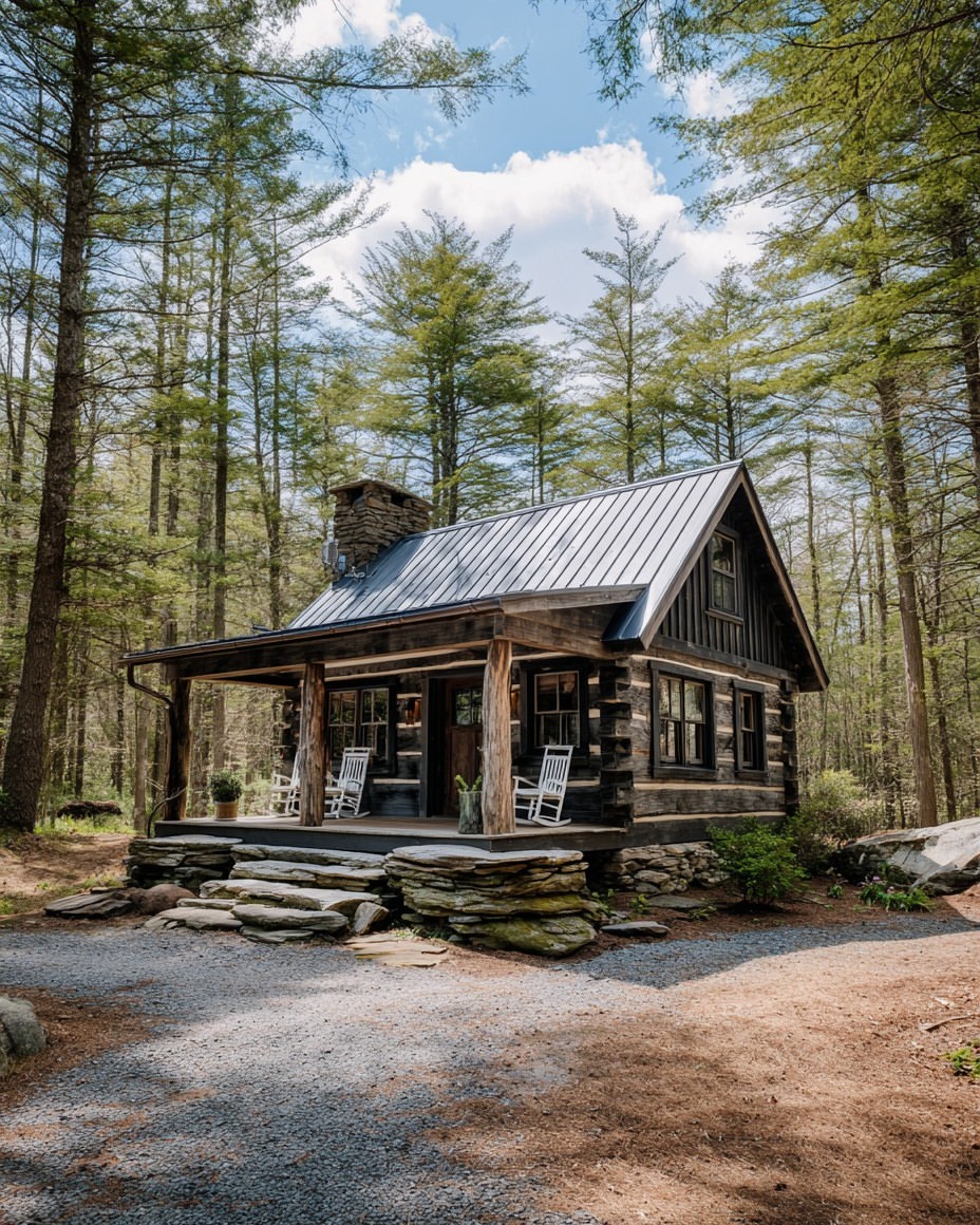 08-small-log-cabin-stone-foundation-tin-roof-rocking-chairs