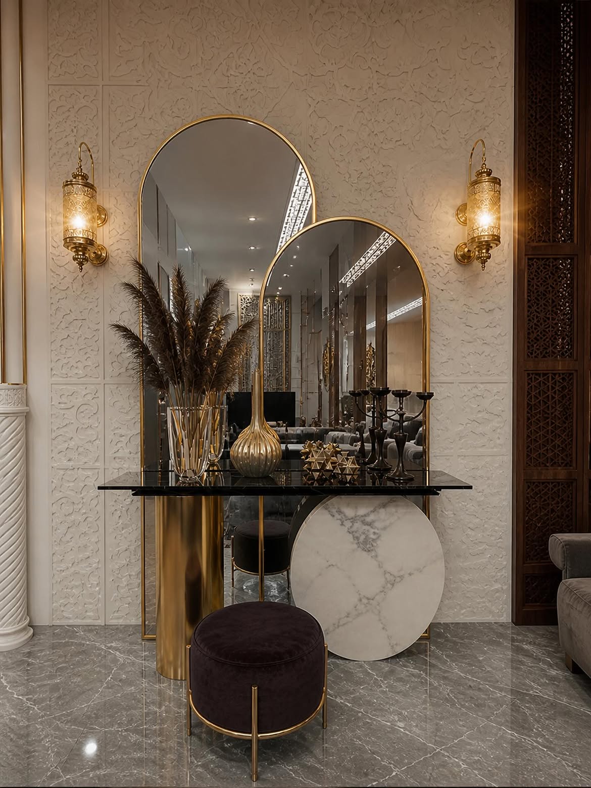 09-double-arched-gold-mirrors-textured-marble-entry-brass-sconces