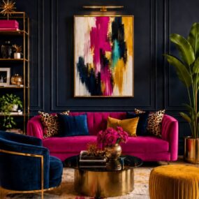 A glam living room with a hot pink velvet sofa, navy paneled wall with abstract art, brass drum coffee table, navy chair, and mustard pouf.