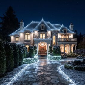 A large stone and stucco home at night with white Christmas lights outlining the roof, hedges, and flagstone driveway in light snow.