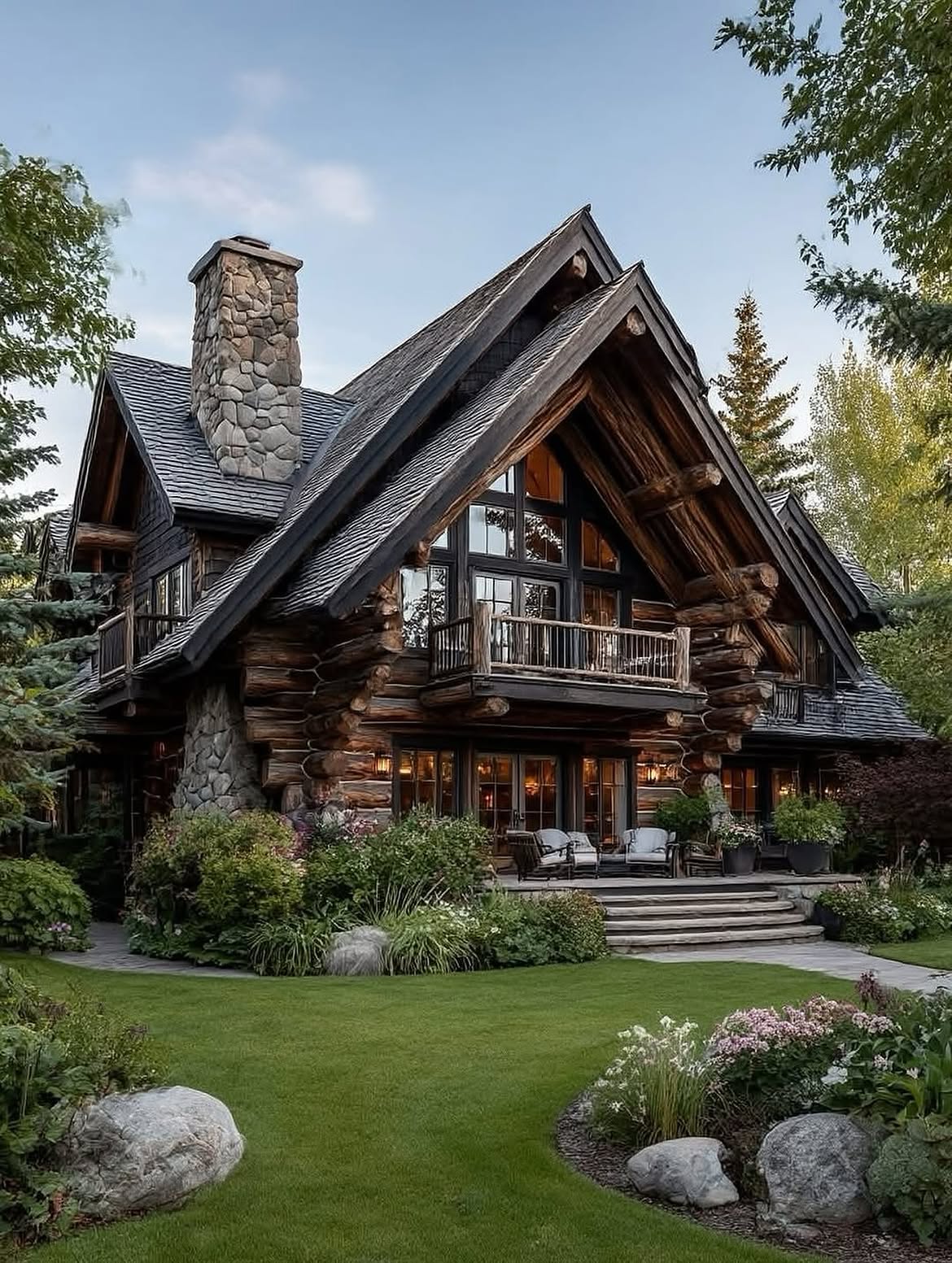 10-large-log-home-stacked-gables-stone-chimneys-landscaping