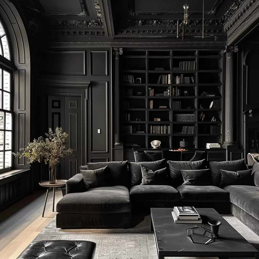 An all-black living room with paneled walls, ornate ceiling, floor-to-ceiling bookshelf, and a dark velvet sectional by an arched window.