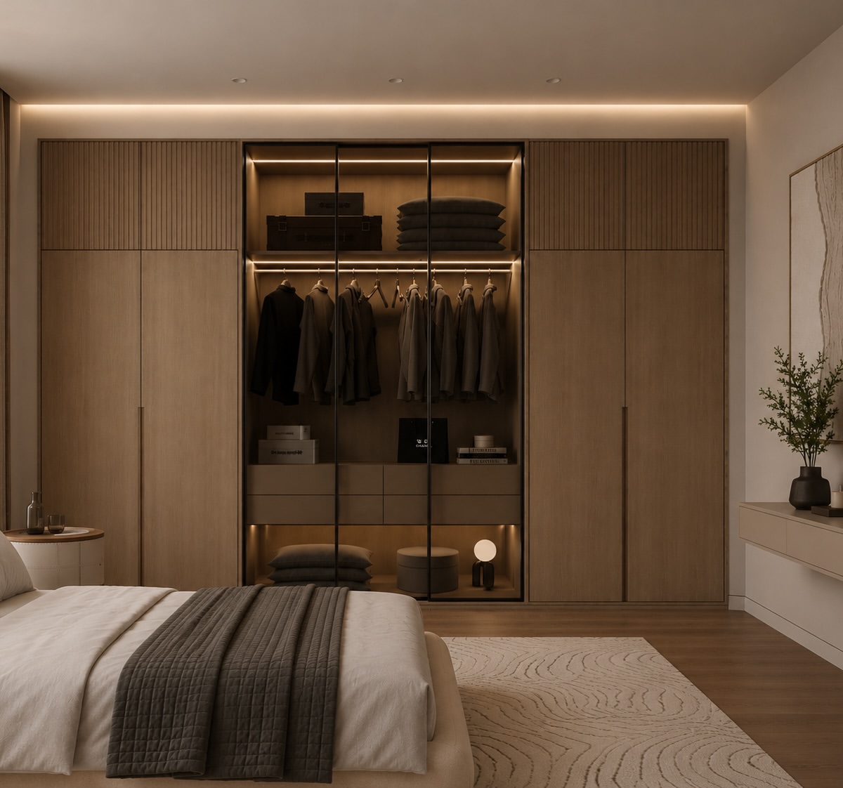 11-bedroom-organization-glass-front-wardrobe-backlighting