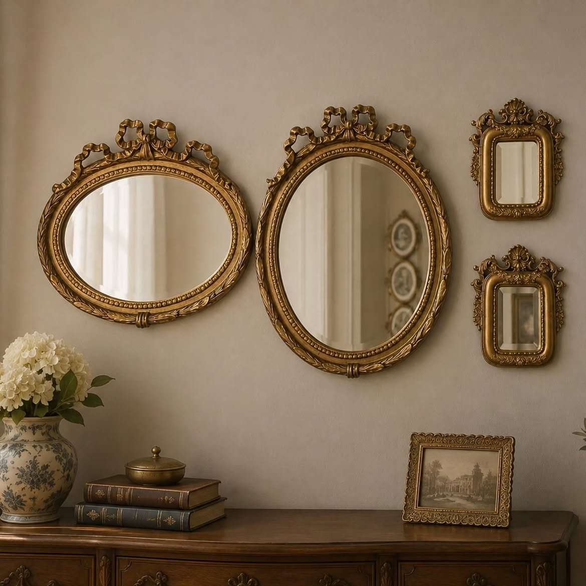 11-vintage-gold-mirror-cluster-beige-wall-wood-dresser-styling