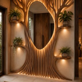 An entryway with a sculpted wood-slat tree feature wall framing an organic-shaped mirror, with floating plant shelves and backlit glow.