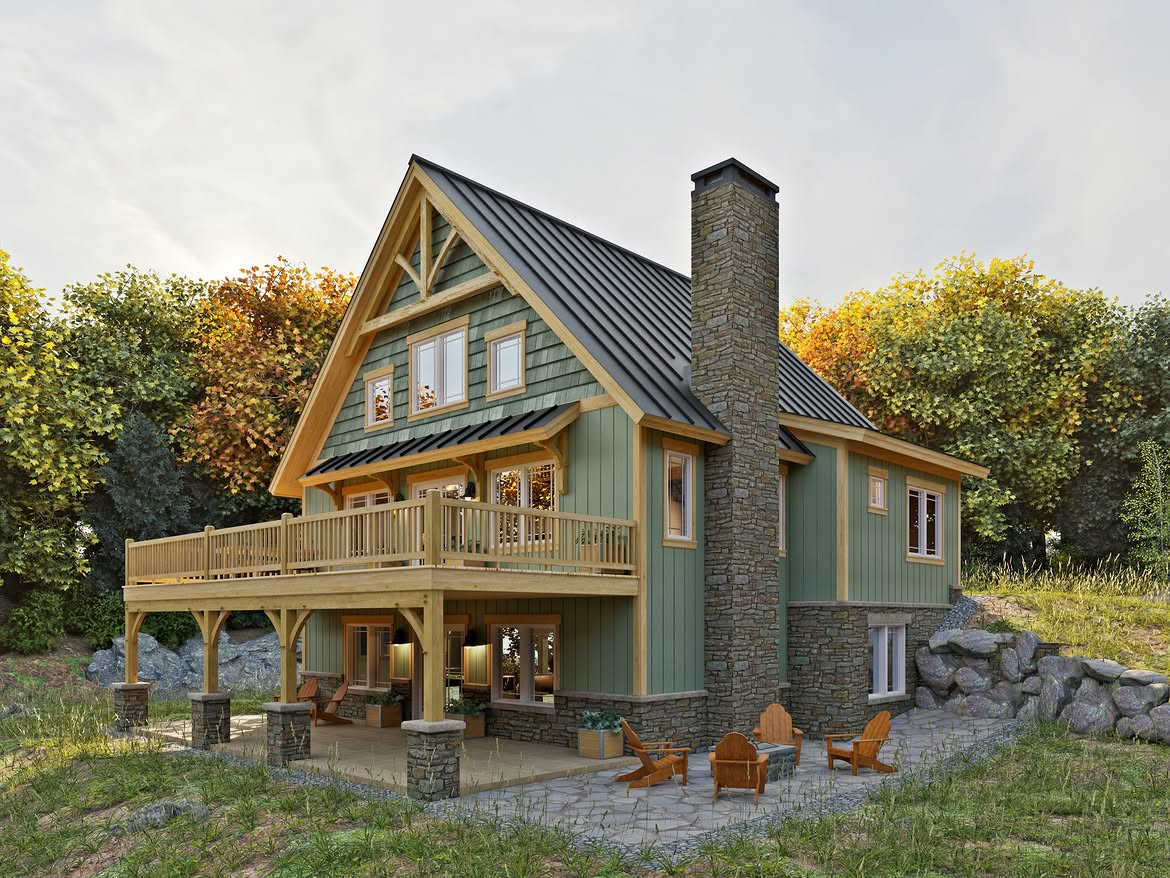 12-green-timber-frame-cabin-stone-chimney-fire-pit-patio