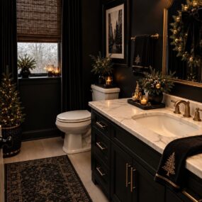 A moody black bathroom with a cedar wreath and velvet bow on the mirror, lit mini trees, candles, and a marble-top black vanity with brass fixtures.