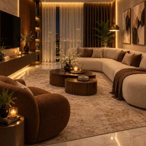 A warmly lit living room with a curved cream boucle sectional, rust boucle swivel chair, round wood coffee tables, and a city-view window behind sheer curtains.