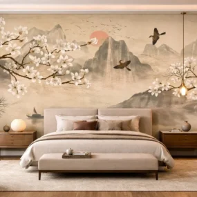 A bedroom with an Asian-inspired landscape mural of magnolia branches, mountains, and birds behind a cream upholstered bed and wood nightstands.