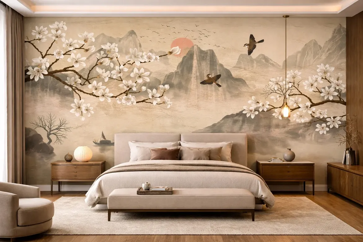 A bedroom with an Asian-inspired landscape mural of magnolia branches, mountains, and birds behind a cream upholstered bed and wood nightstands.