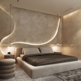 A neutral bedroom with a plaster accent wall shaped by a curved LED strip above a low cream platform bed and twin pendant lights.