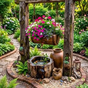 A rustic log arbor with a hanging flower-filled half-barrel pouring water into a stump basin surrounded by ferns and clay pots.