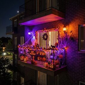 An apartment balcony decorated for Halloween at night with glowing jack-o-lanterns, purple and orange string lights, a hanging ghost, cobwebs, a wreath, and a Happy Halloween sign.