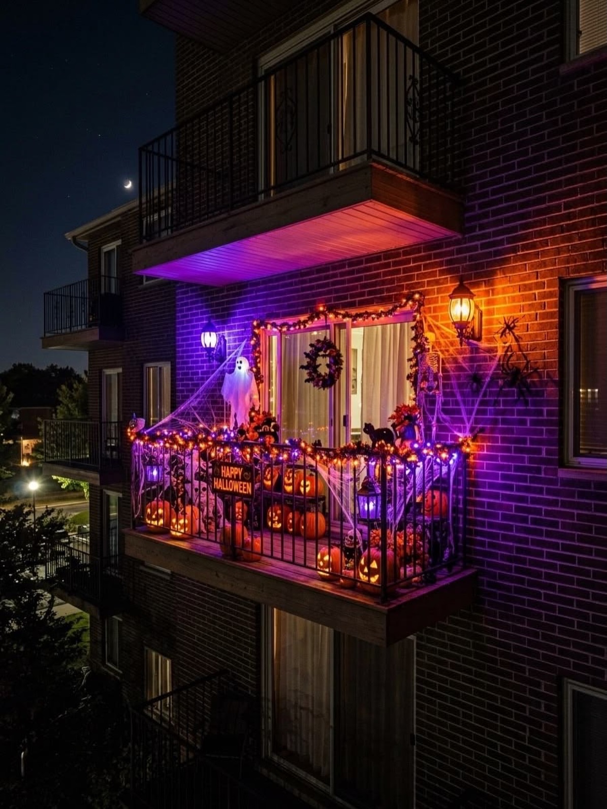 2-purple-orange-lit-balcony-pumpkin-row
