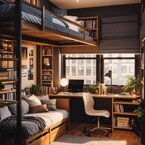 A small bedroom with a wood loft bed over a daybed with under-storage, built-in desk and bookshelves, and city view windows at dusk.