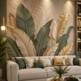 A glam living room with a 3D sculpted banana leaf feature wall in green, gold, and cream, cream sofa with mixed pillows, and gold-framed marble coffee table.