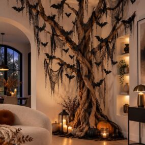 A dramatic Halloween living room corner with a giant twisted paper tree, hanging paper bats, draped cobwebs, lit lanterns, and clustered pumpkins at its base.