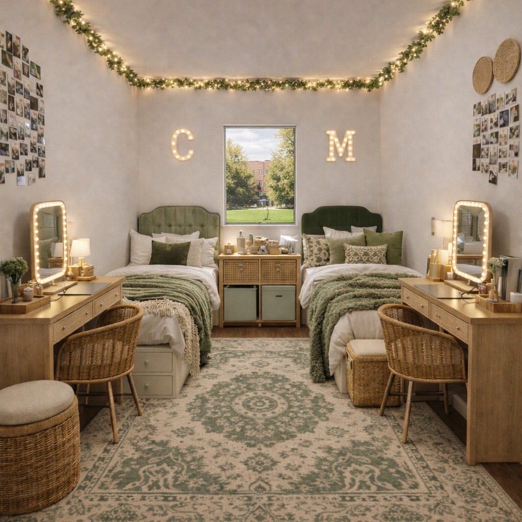 9-college-apartment-decor-ideas-sage-green-vanity-twins