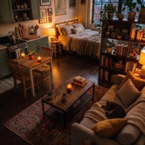 A warmly lit studio apartment with a sage green kitchen, bed, bookshelf room divider, and sofa by a city-view window.