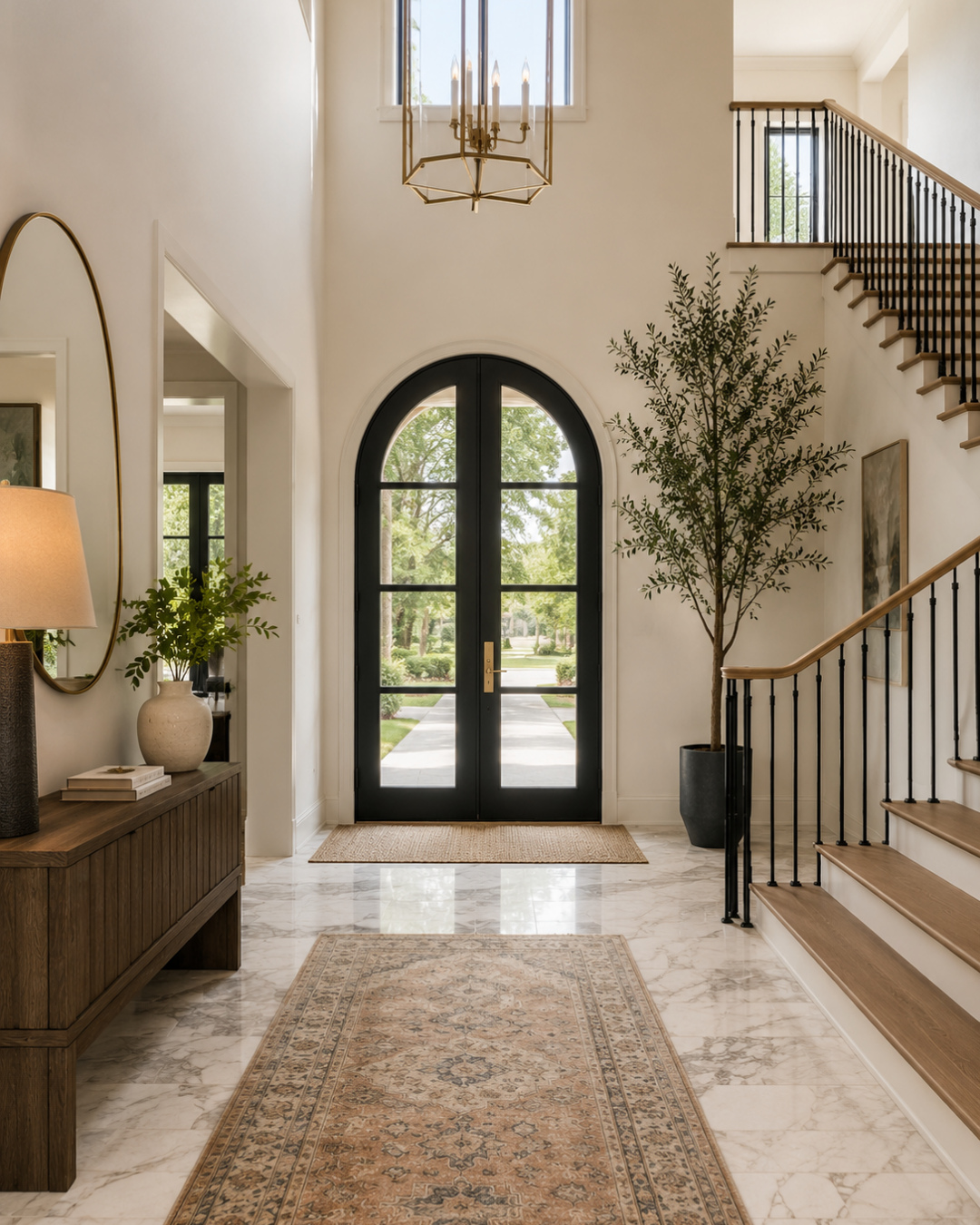 arched-steel-doors-oval-mirror-foyer