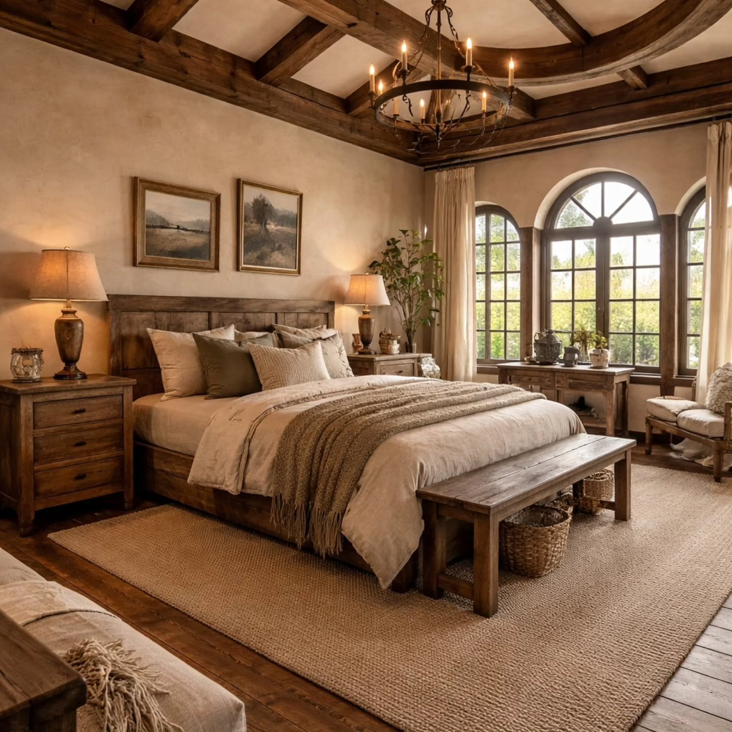 arched-windows-coffered-wood-ceiling-country-bedroom