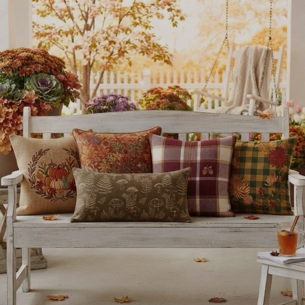 autumn-pumpkin-mushroom-burgundy-plaid-cushions-white-porch-swing-bench