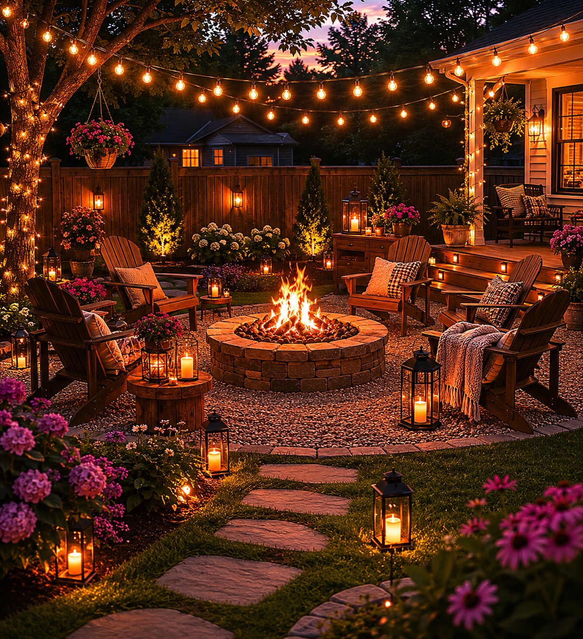 backyard-fire-pit-lantern-lit-garden-night