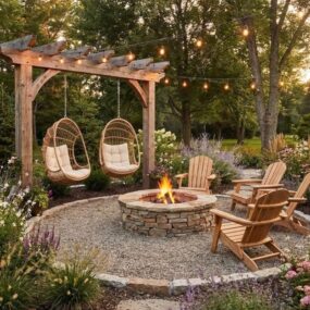 A wood pergola with two hanging egg chairs beside a round stone fire pit and Adirondack chairs in a cottage flower garden.