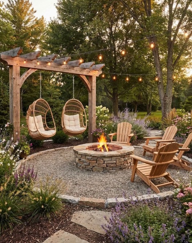 backyard-fire-pit-pergola-hanging-chairs