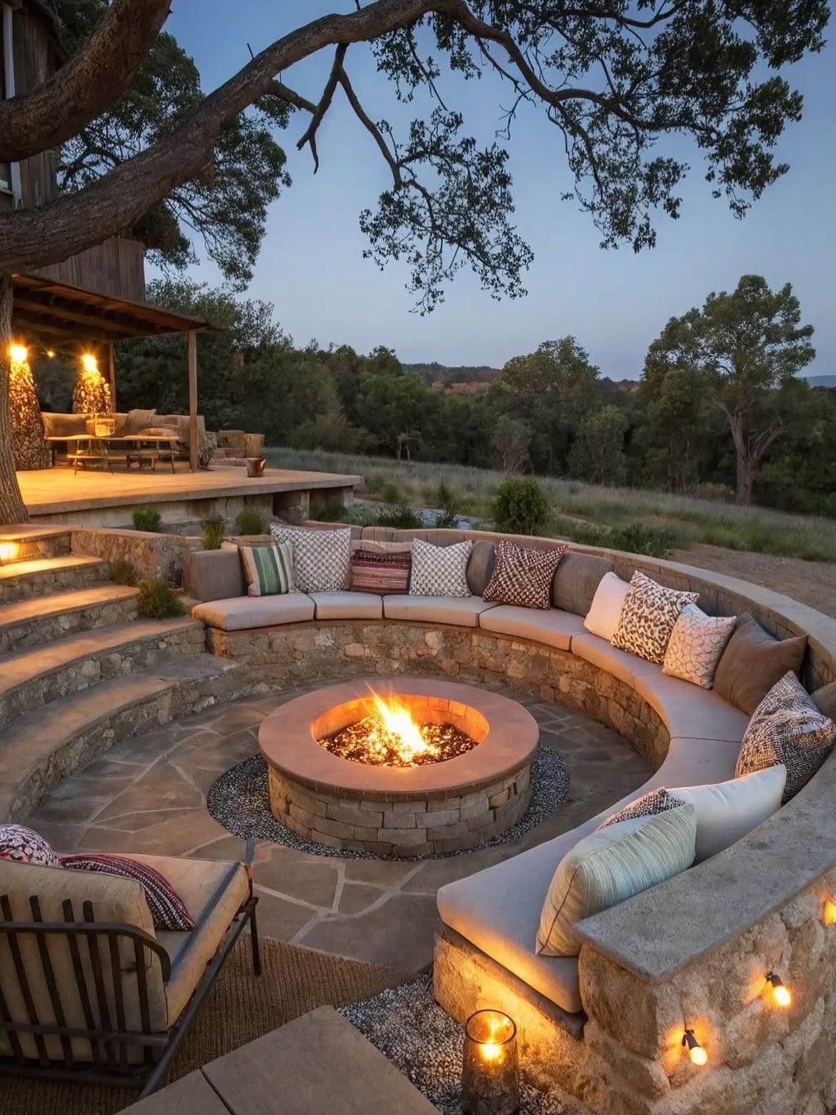 backyard-fire-pit-sunken-curved-stone-bench