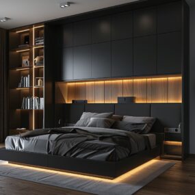 A dark bedroom with a black paneled wall, backlit wood ledge above the headboard, floating platform bed with LED under-glow, and open shelving.