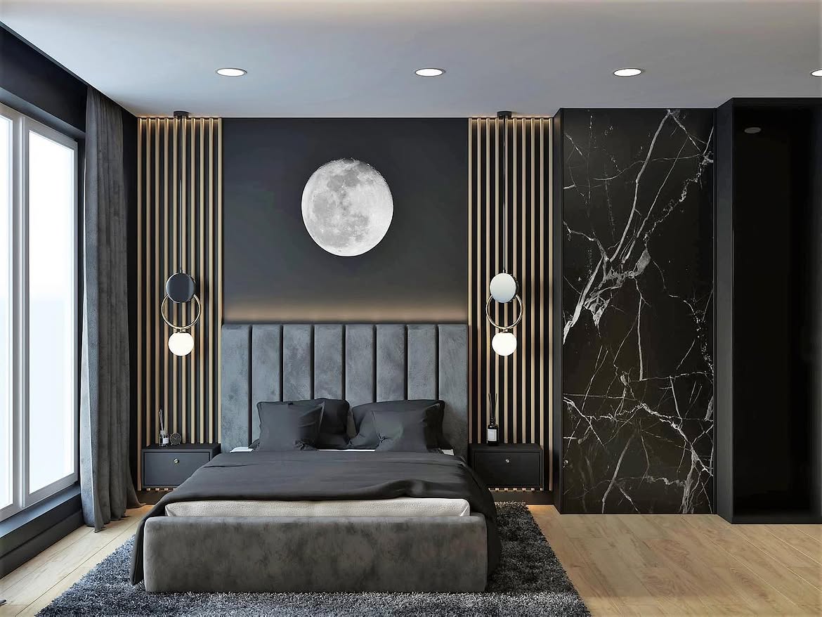 black-bedroom-ideas-mixed-material-moon-print-wall