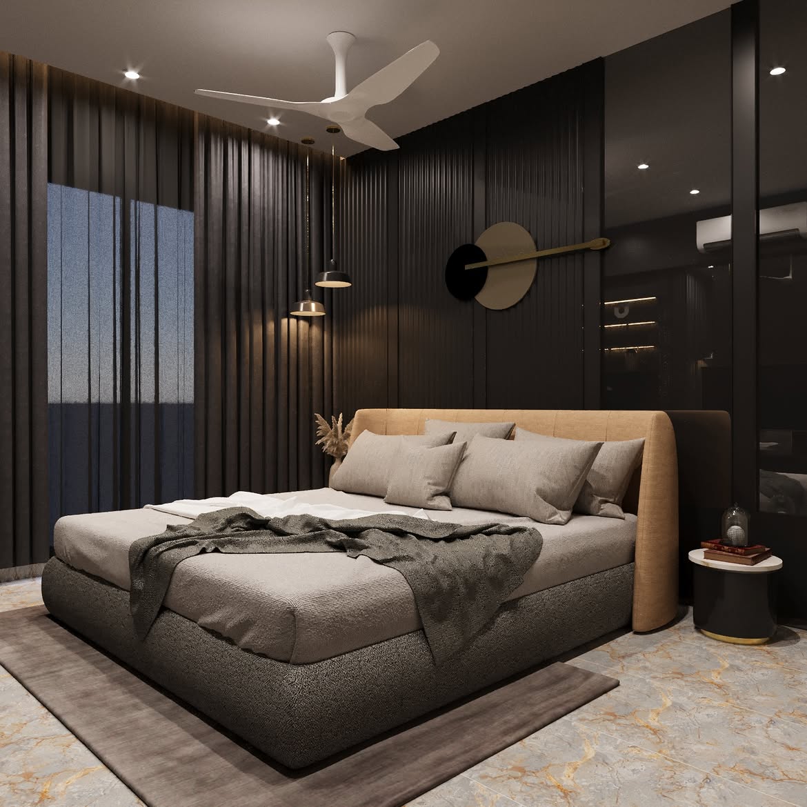 black-bedroom-ideas-ribbed-panel-wall-tan-headboard