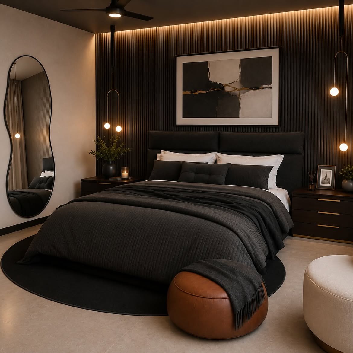 black-bedroom-ideas-soft-curved-mirror-pendants