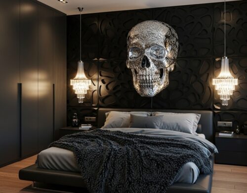 A moody bedroom with a large ornate silver skull sculpture mounted on a black 3D-paneled wall above a leather bed and crystal pendants.
