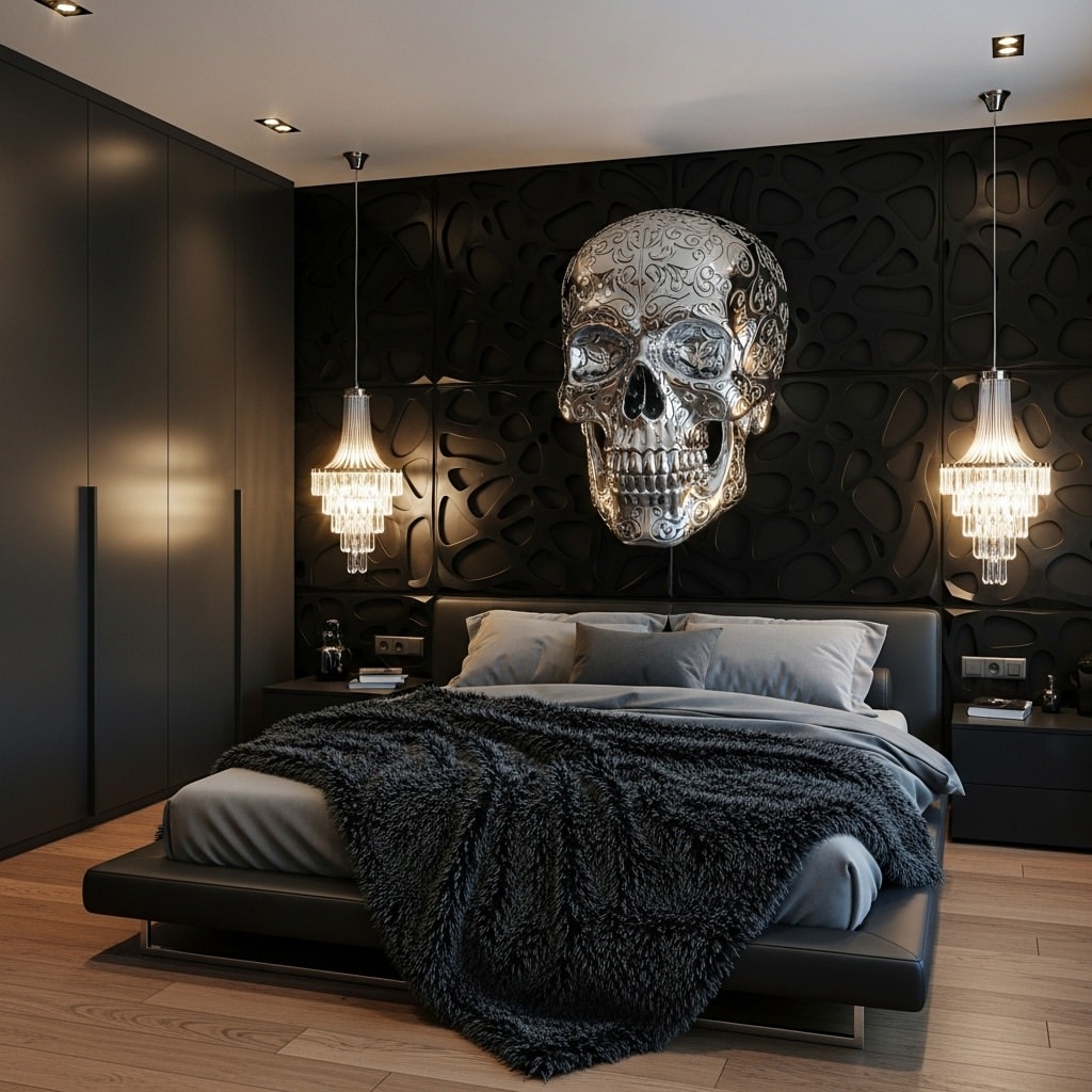 black-bedroom-ideas-statement-skull-wall-art