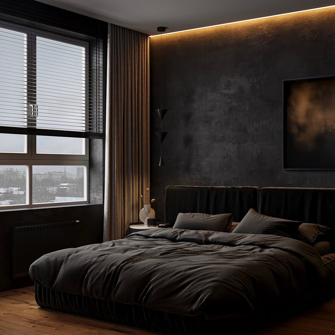 black-bedroom-ideas-textured-plaster-wall