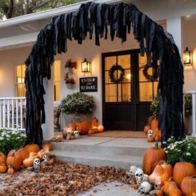 A white front porch decorated for Halloween with a tattered black cloth arch, orange pumpkins, white skulls, scattered fall leaves, and an Enter If You Dare sign by the black door.