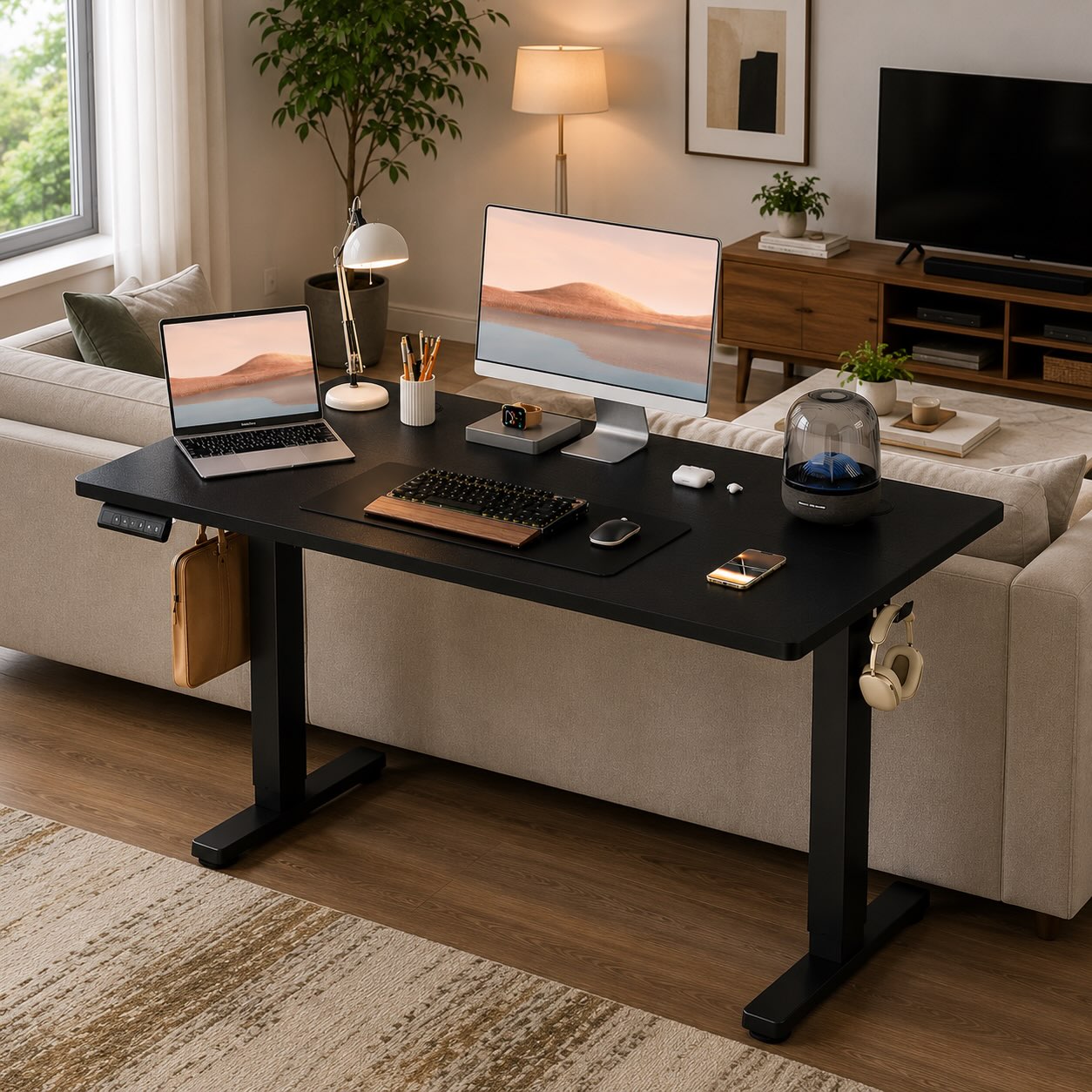 black-living-room-standing-electric-desk-design-ideas