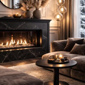 A cozy living room with a long black marble fireplace, pampas grass arrangements on the mantel, brown velvet sectional sofa, globe floor lamp, and round black coffee table with candles.