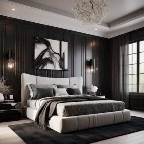 A dramatic bedroom with a black paneled accent wall, white upholstered bed, abstract black-and-white art, and crystal sconces.