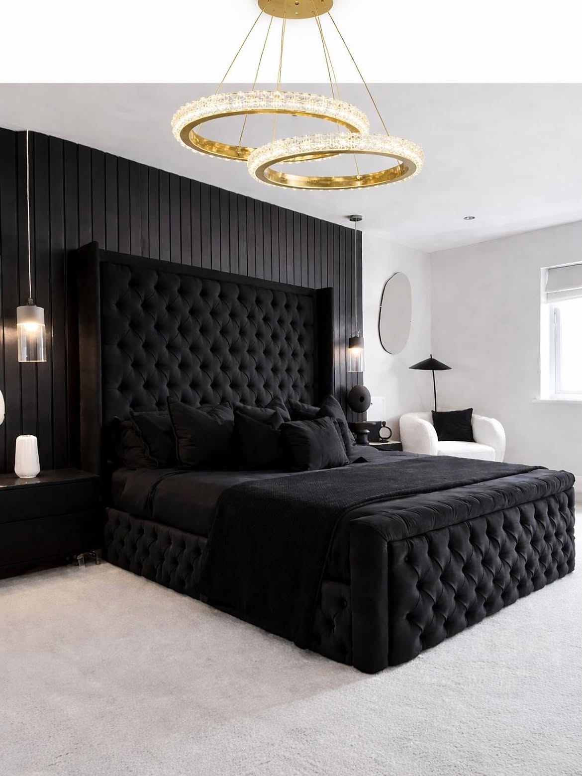 black-tufted-wingback-bed-with-panel-wall