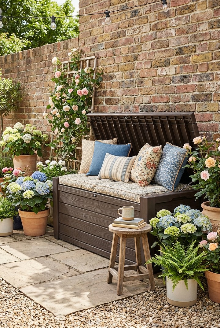 blue-floral-stripe-cushions-dark-storage-deck-box-bench-cottage-garden-hydrangeas
