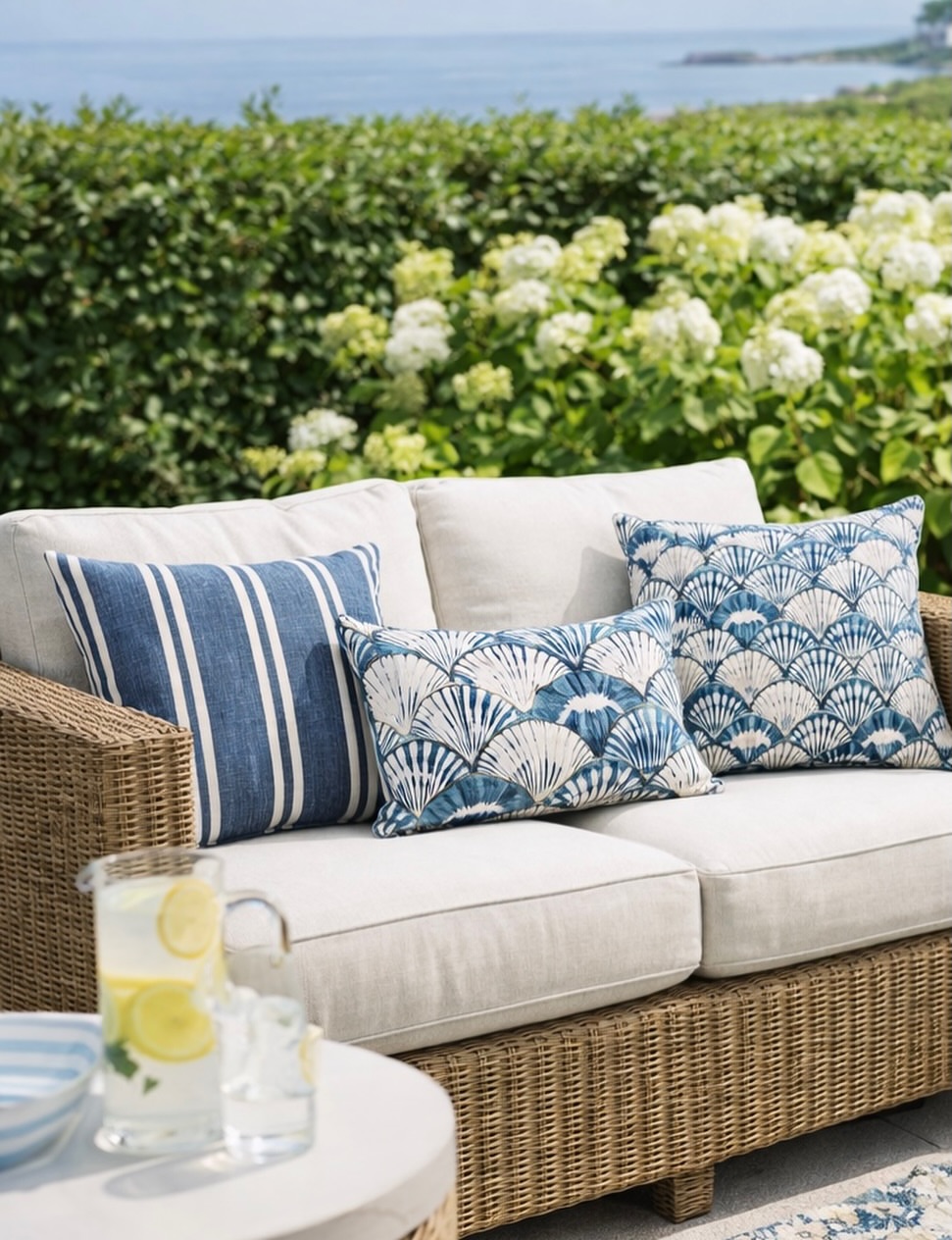 blue-stripe-scallop-shell-pattern-cushions-wicker-sofa-hydrangea-hedge-coast