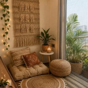 A boho corner nook on a balcony with a floor cushion, jute pouf and round rug, woven wall hanging, paper lantern, and potted plants.