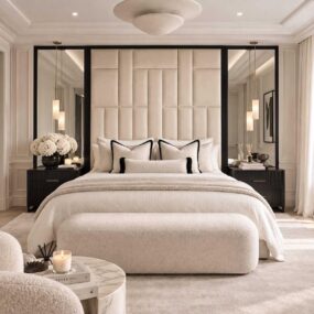 A luxury cream bedroom with a tall paneled headboard wall flanked by black-framed mirrors, cylindrical pendant lights, and a boucle bench at the foot of the bed.